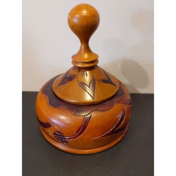 Wood Unique Hand Carved Floral Wooden Bowl w/ Lid 7.5"H x 6.5"L Urn Trinket - Picture 4 of 10